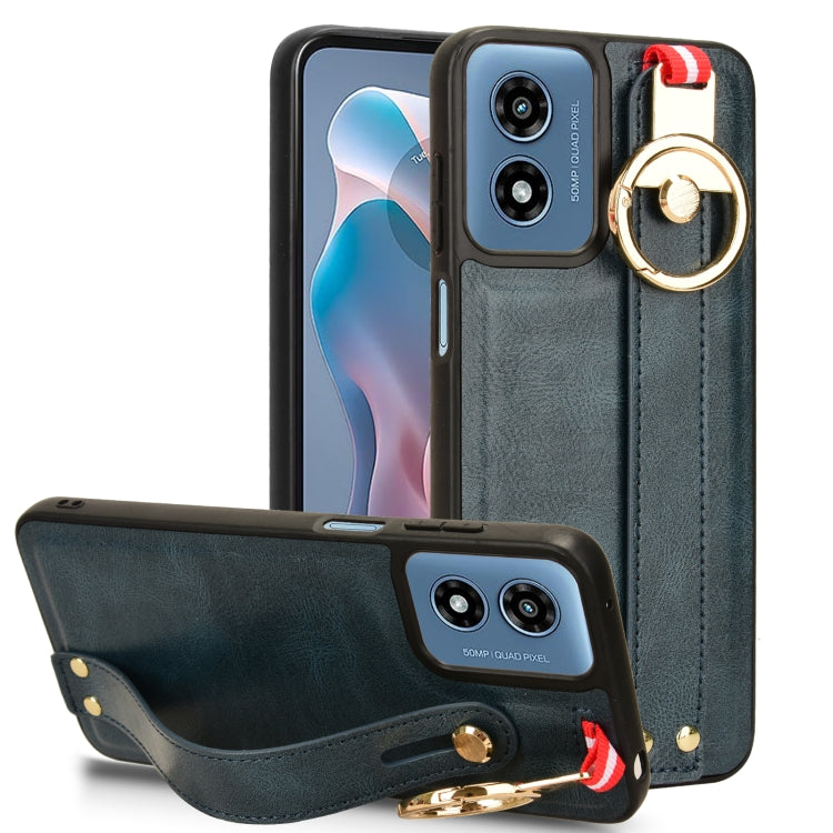 For Motorola Moto G Play 4G 2024 Wristband Leather Back Phone Case(Blue) by buy2fix