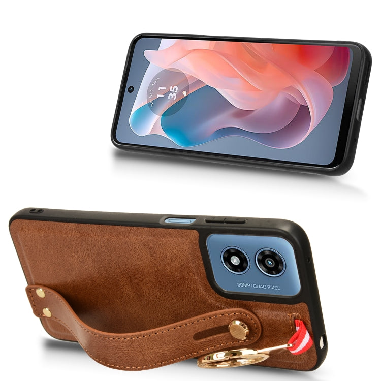 For Motorola Moto G Play 4G 2024 Wristband Leather Back Phone Case(Brown) by buy2fix
