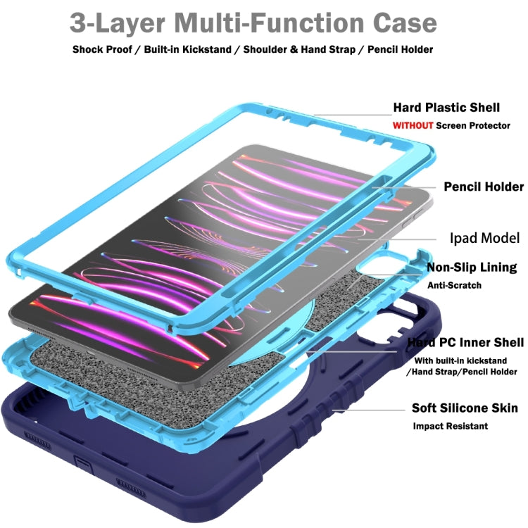 For iPad Air 2022 10.9 / Pro 11 2022 X Rotation PC Hybrid Silicone Tablet Case with Strap(Navy Sky Blue) - iPad 2025 / 2022 Cases by buy2fix | Online Shopping UK | buy2fix
