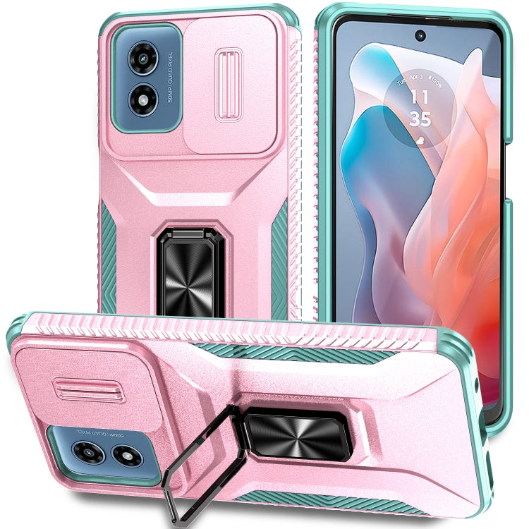 For Motorola Moto G Play 2024 Sliding Camshield Holder Phone Case(Pink + Grey Green) by buy2fix
