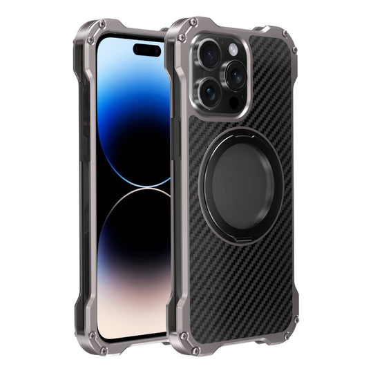 For iPhone 14 Pro Max R-JUST RJ51-1 Hollow Rotating Holder MagSafe Magnetic Metal Phone Case(Silver Grey)