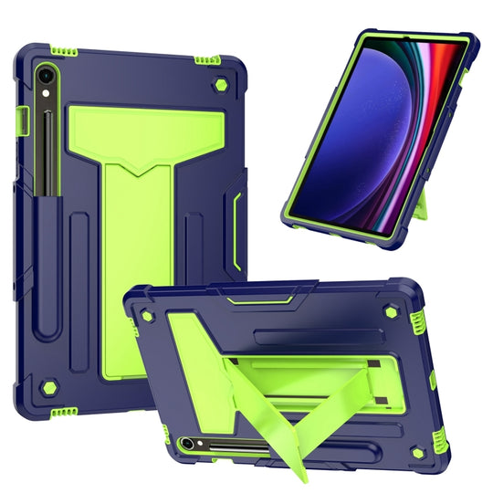 For Samsung Galaxy Tab S9 FE / S9 T Holder Robot Silicone Hybrid PC Tablet Case(Navy Yellow Green)