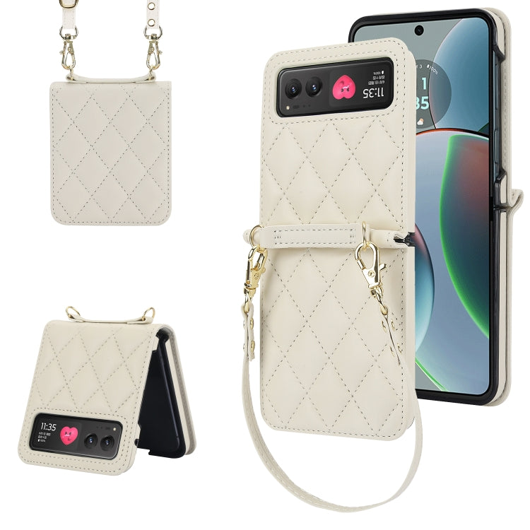 For Motorola Razr 40 Rhombic Texture Phone Case with Long & Short Lanyard(White) by buy2fix