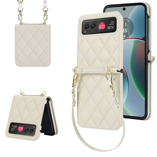 For Motorola Razr 40 Rhombic Texture Phone Case with Long & Short Lanyard(White) by buy2fix