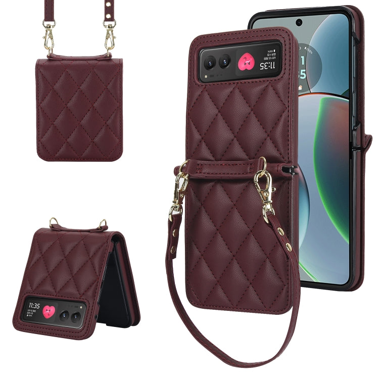 For Motorola Razr 40 Rhombic Texture Phone Case with Long & Short Lanyard(Wine Red) by buy2fix