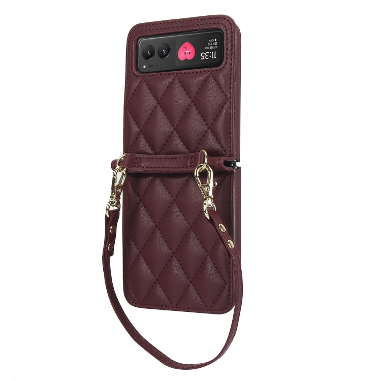 For Motorola Razr 40 Rhombic Texture Phone Case with Long & Short Lanyard(Wine Red) by buy2fix