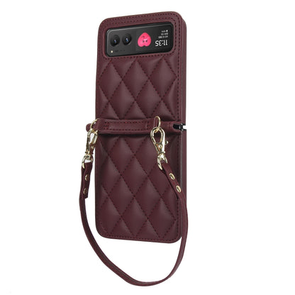 For Motorola Razr 40 Rhombic Texture Phone Case with Long & Short Lanyard(Wine Red) by buy2fix