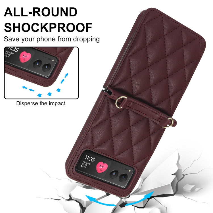 For Motorola Razr 40 Rhombic Texture Phone Case with Long & Short Lanyard(Wine Red) by buy2fix