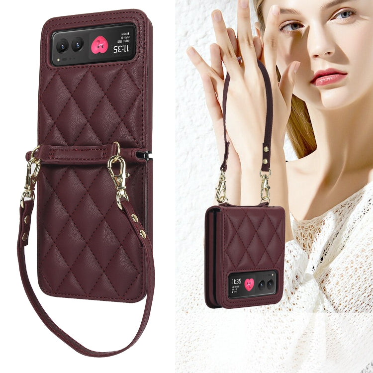 For Motorola Razr 40 Rhombic Texture Phone Case with Long & Short Lanyard(Wine Red) by buy2fix