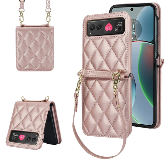 For Motorola Razr 40 Rhombic Texture Phone Case with Long & Short Lanyard(Rose Gold) by buy2fix