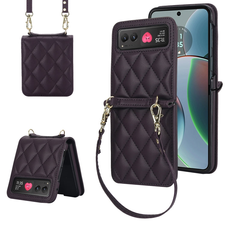 For Motorola Razr 40 Rhombic Texture Phone Case with Long & Short Lanyard(Dark Purple) by buy2fix