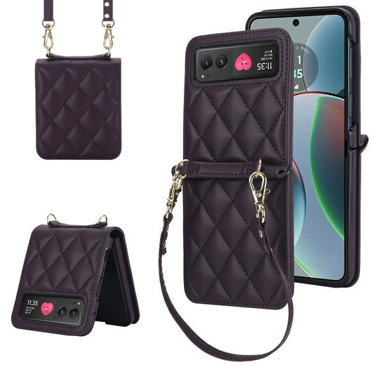 For Motorola Razr 40 Rhombic Texture Phone Case with Long & Short Lanyard(Dark Purple) by buy2fix