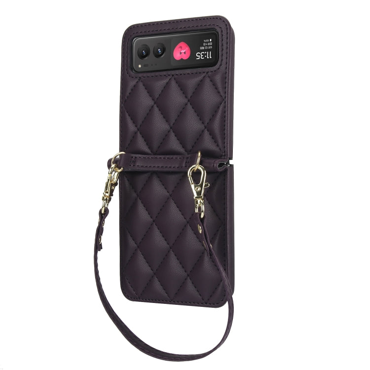 For Motorola Razr 40 Rhombic Texture Phone Case with Long & Short Lanyard(Dark Purple) by buy2fix