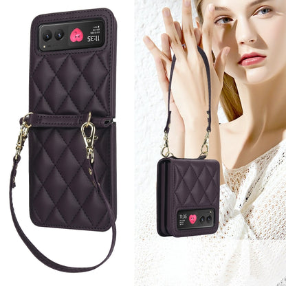 For Motorola Razr 40 Rhombic Texture Phone Case with Long & Short Lanyard(Dark Purple) by buy2fix