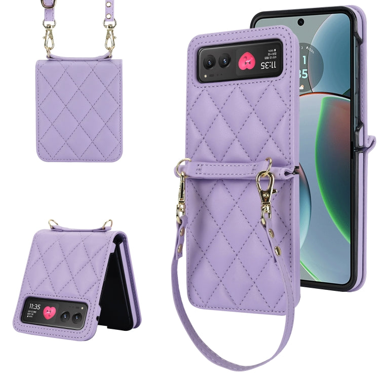 For Motorola Razr 40 Rhombic Texture Phone Case with Long & Short Lanyard(Light Purple) by buy2fix