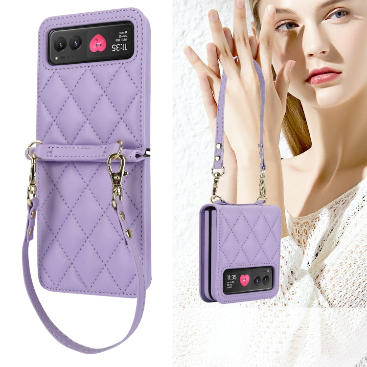 For Motorola Razr 40 Rhombic Texture Phone Case with Long & Short Lanyard(Light Purple) by buy2fix