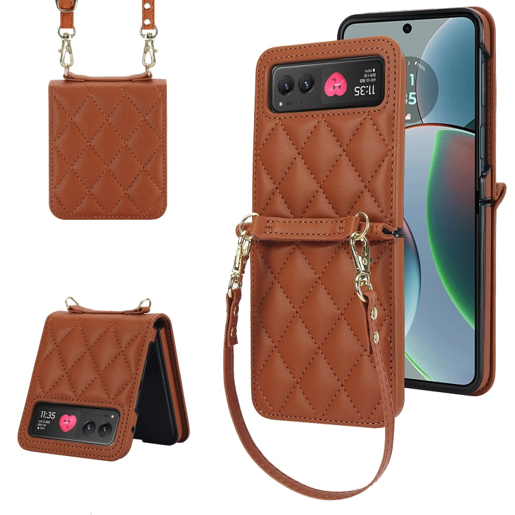 For Motorola Razr 40 Rhombic Texture Phone Case with Long & Short Lanyard(Brown) by buy2fix