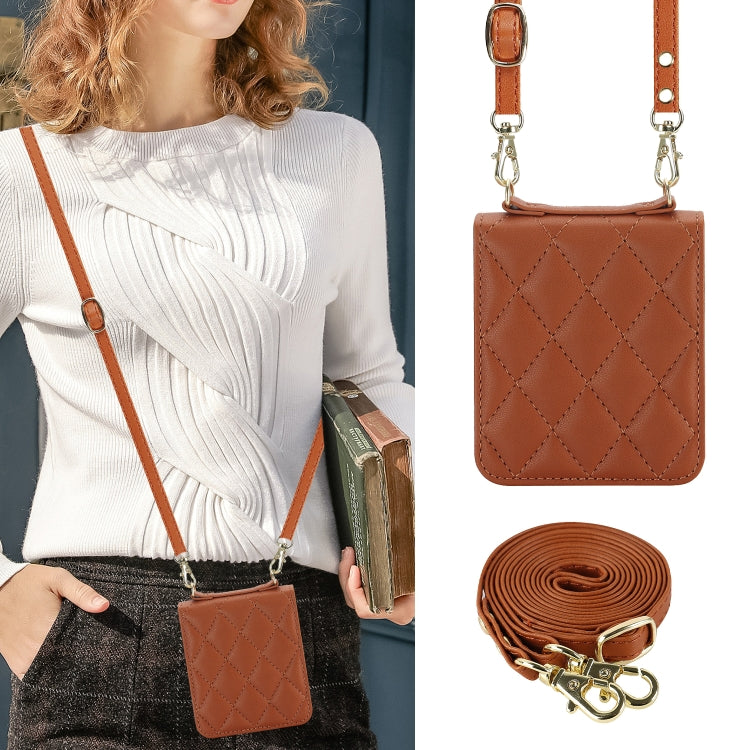 For Motorola Razr 40 Rhombic Texture Phone Case with Long & Short Lanyard(Brown) by buy2fix