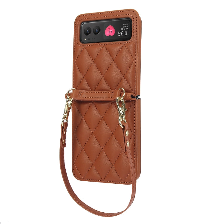 For Motorola Razr 40 Rhombic Texture Phone Case with Long & Short Lanyard(Brown) by buy2fix