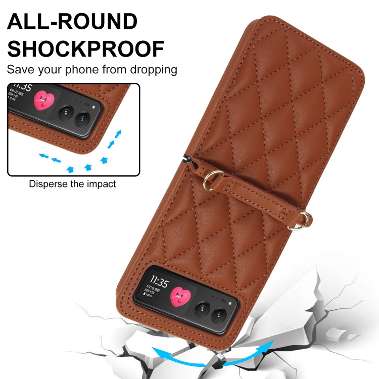 For Motorola Razr 40 Rhombic Texture Phone Case with Long & Short Lanyard(Brown) by buy2fix