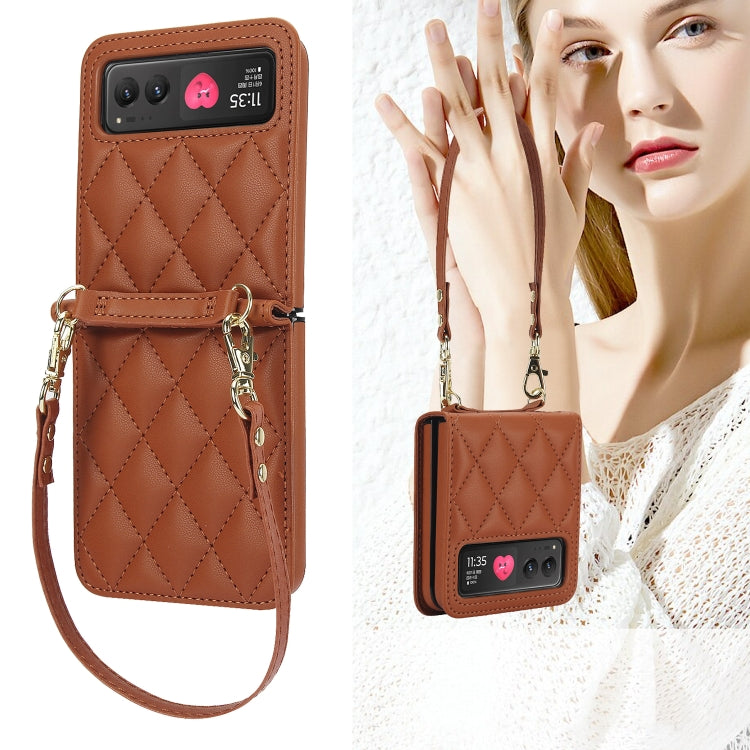 For Motorola Razr 40 Rhombic Texture Phone Case with Long & Short Lanyard(Brown) by buy2fix
