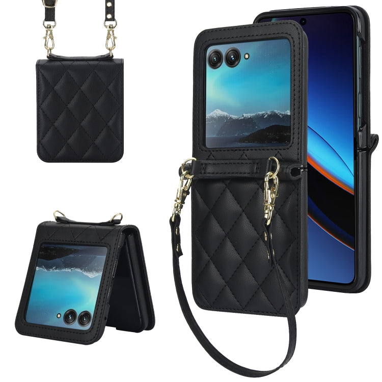 For Motorola Razr 40 Ultra Rhombic Texture Phone Case with Long & Short Lanyard(Black) by buy2fix