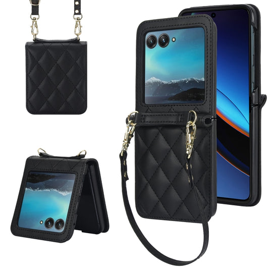 For Motorola Razr 40 Ultra Rhombic Texture Phone Case with Long & Short Lanyard(Black) by buy2fix
