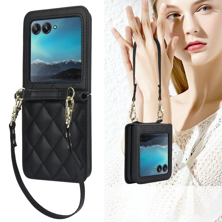 For Motorola Razr 40 Ultra Rhombic Texture Phone Case with Long & Short Lanyard(Black) by buy2fix