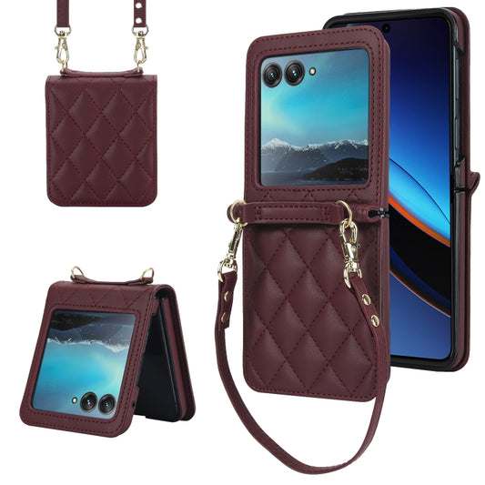 For Motorola Razr 40 Ultra Rhombic Texture Phone Case with Long & Short Lanyard(Wine Red) by buy2fix