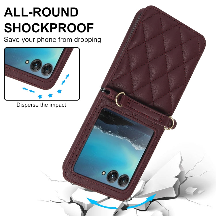 For Motorola Razr 40 Ultra Rhombic Texture Phone Case with Long & Short Lanyard(Wine Red) by buy2fix