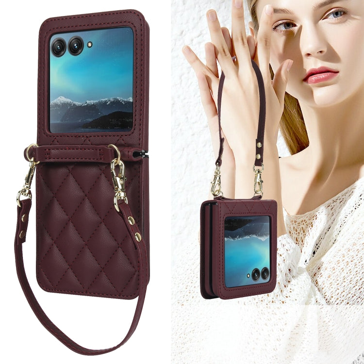 For Motorola Razr 40 Ultra Rhombic Texture Phone Case with Long & Short Lanyard(Wine Red) by buy2fix