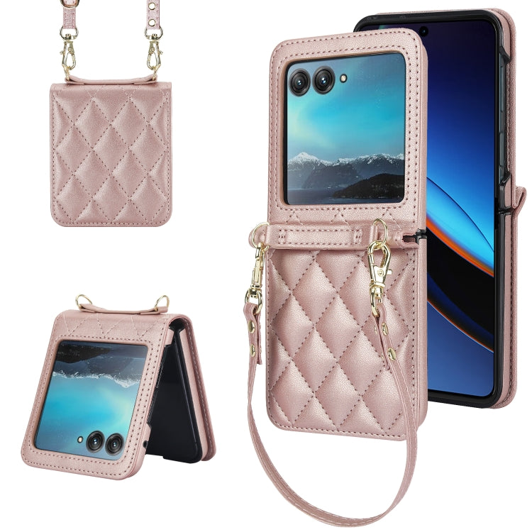 For Motorola Razr 40 Ultra Rhombic Texture Phone Case with Long & Short Lanyard(Rose Gold) by buy2fix