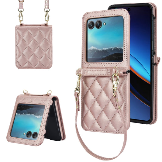 For Motorola Razr 40 Ultra Rhombic Texture Phone Case with Long & Short Lanyard(Rose Gold) by buy2fix