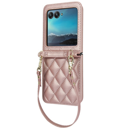 For Motorola Razr 40 Ultra Rhombic Texture Phone Case with Long & Short Lanyard(Rose Gold) by buy2fix