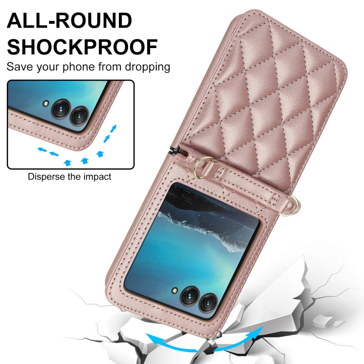For Motorola Razr 40 Ultra Rhombic Texture Phone Case with Long & Short Lanyard(Rose Gold) by buy2fix