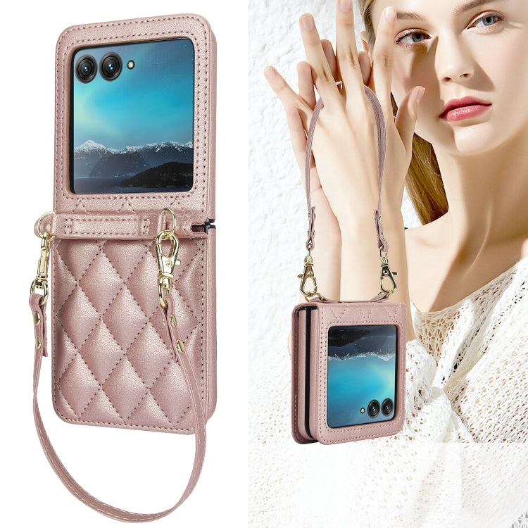 For Motorola Razr 40 Ultra Rhombic Texture Phone Case with Long & Short Lanyard(Rose Gold) by buy2fix