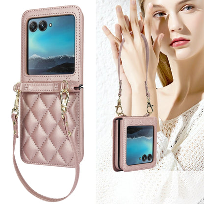 For Motorola Razr 40 Ultra Rhombic Texture Phone Case with Long & Short Lanyard(Rose Gold) by buy2fix