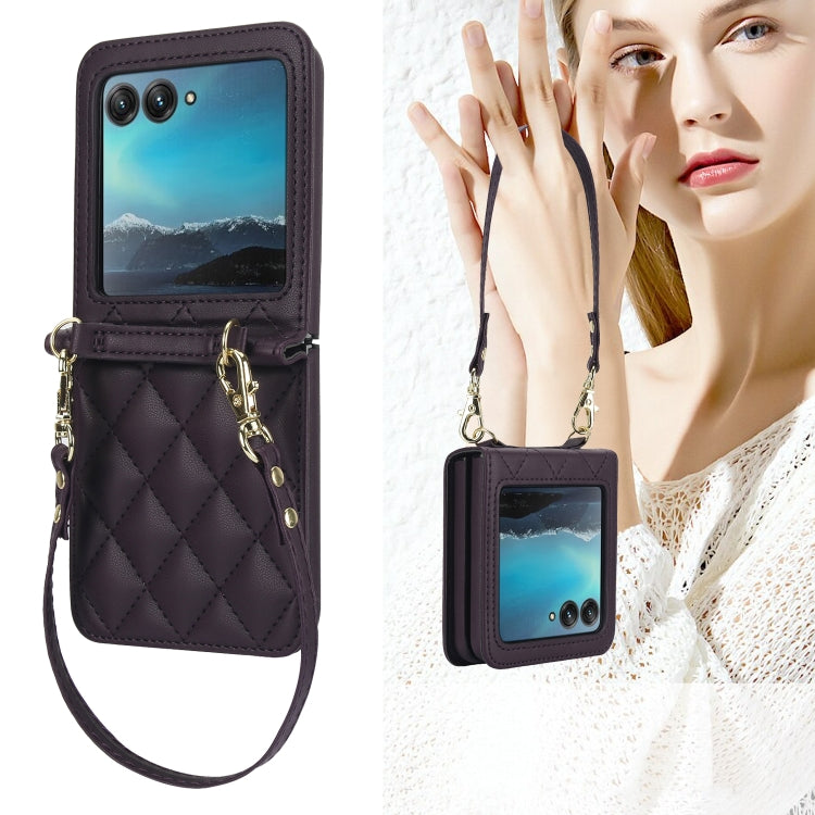 For Motorola Razr 40 Ultra Rhombic Texture Phone Case with Long & Short Lanyard(Dark Purple) by buy2fix