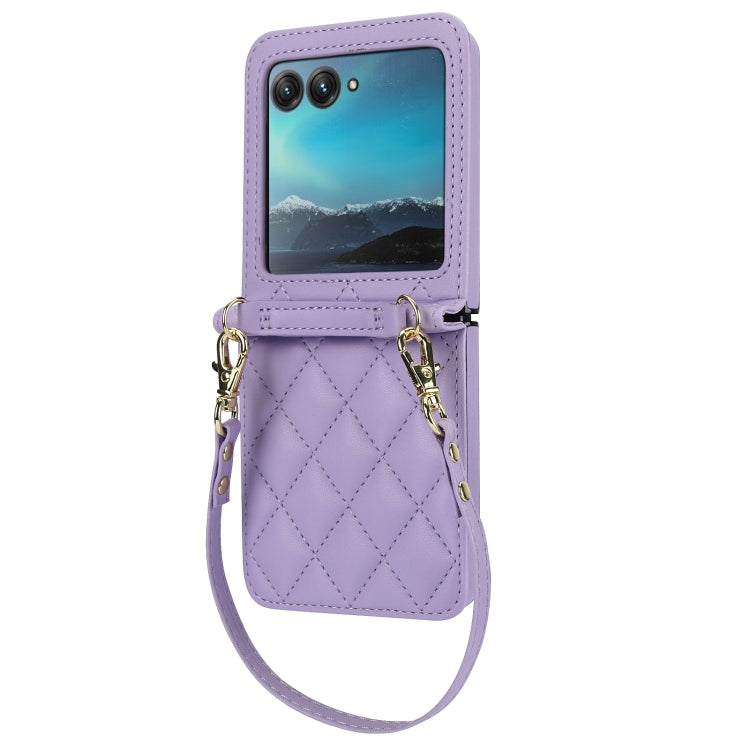 For Motorola Razr 40 Ultra Rhombic Texture Phone Case with Long & Short Lanyard(Light Purple) by buy2fix