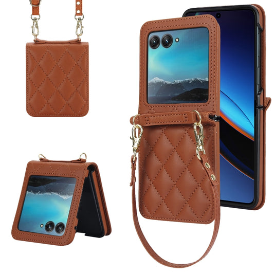 For Motorola Razr 40 Ultra Rhombic Texture Phone Case with Long & Short Lanyard(Brown) by buy2fix