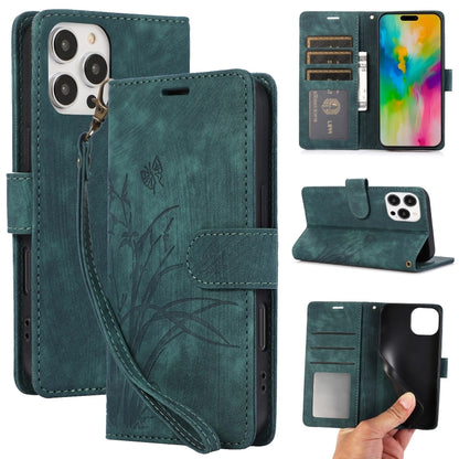 For iPhone 16 Pro Max Orchid Butterfly Embossed Leather Phone Case(Green) by buy2fix