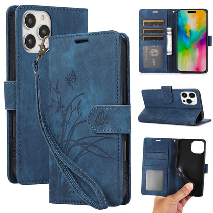 For iPhone 16 Pro Max Orchid Butterfly Embossed Leather Phone Case(Blue) by buy2fix
