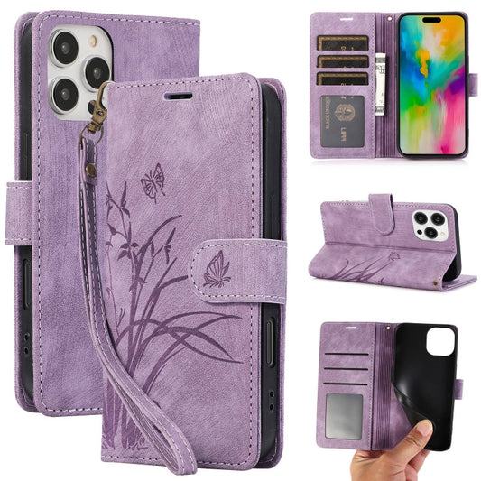 For iPhone 16 Pro Max Orchid Butterfly Embossed Leather Phone Case(Purple) by buy2fix