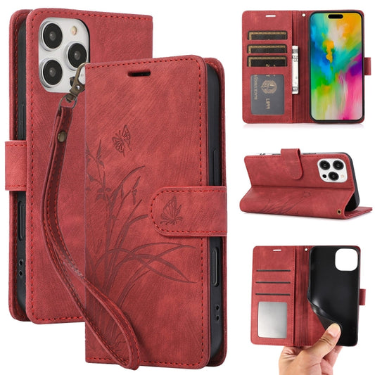 For iPhone 16 Pro Max Orchid Butterfly Embossed Leather Phone Case(Red) by buy2fix