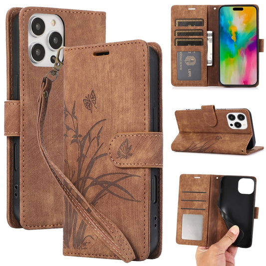 For iPhone 16 Pro Max Orchid Butterfly Embossed Leather Phone Case(Brown) by buy2fix