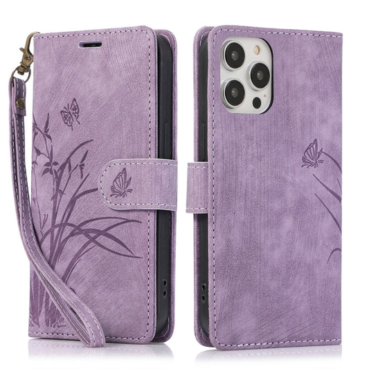 For iPhone 16 Pro Orchid Butterfly Embossed Leather Phone Case(Purple) by buy2fix