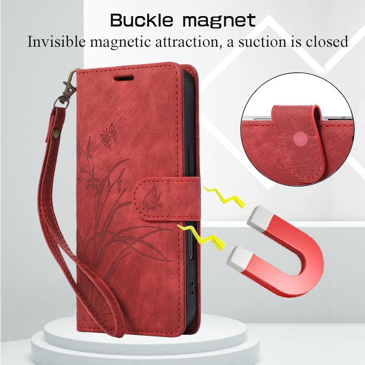 For iPhone 16 Pro Orchid Butterfly Embossed Leather Phone Case(Red) by buy2fix