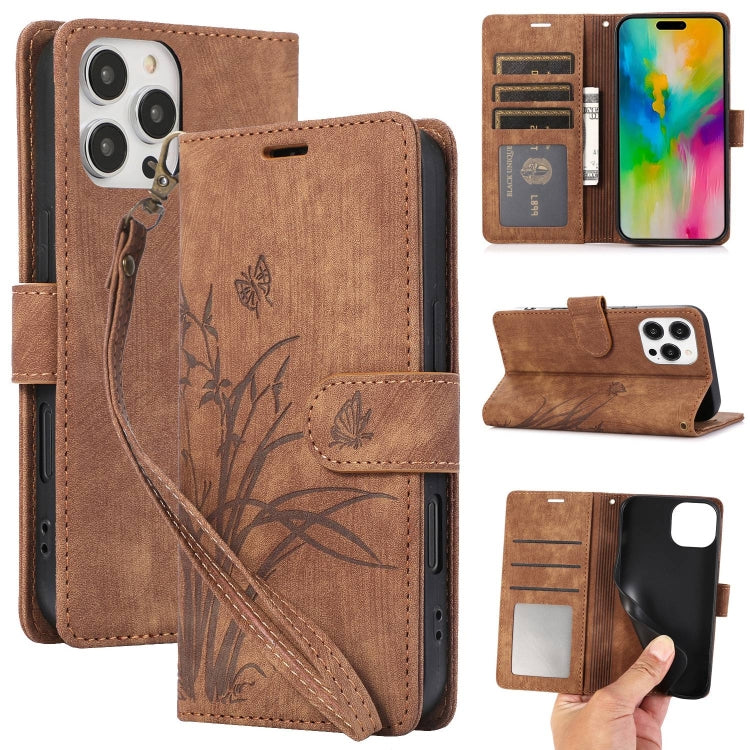 For iPhone 16 Pro Orchid Butterfly Embossed Leather Phone Case(Brown) by buy2fix