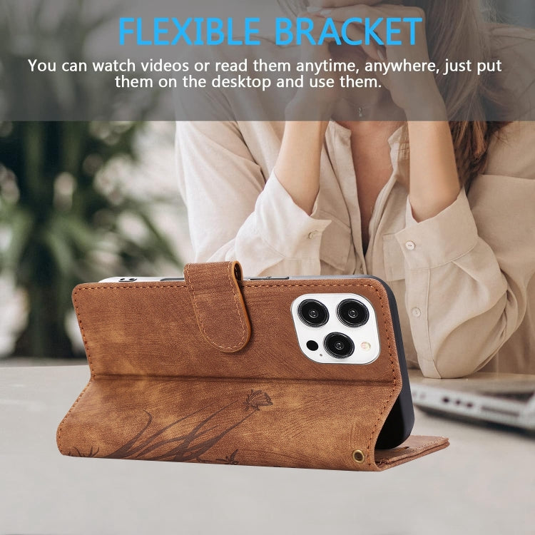 For iPhone 16 Pro Orchid Butterfly Embossed Leather Phone Case(Brown) by buy2fix