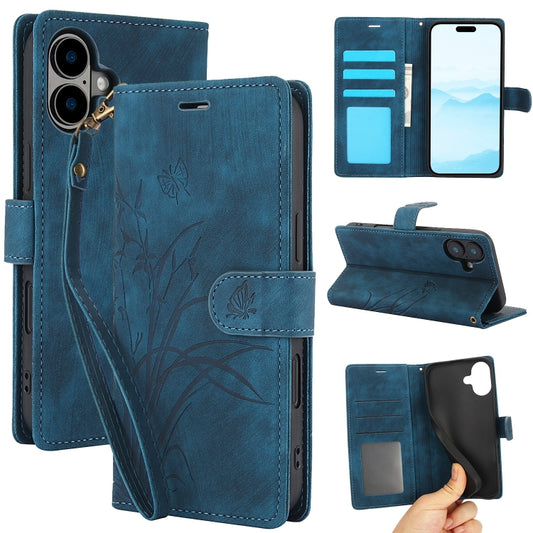 For iPhone 16 Plus Orchid Butterfly Embossed Leather Phone Case(Blue) - iPhone 16 Plus Cases by buy2fix | Online Shopping UK | buy2fix